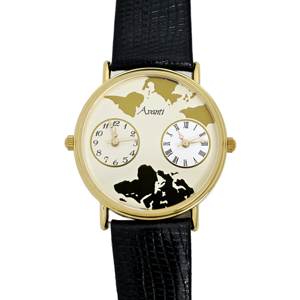 Avanti Dual Time Traveler Gold Plated Vintage Watch Black Strap 34mm